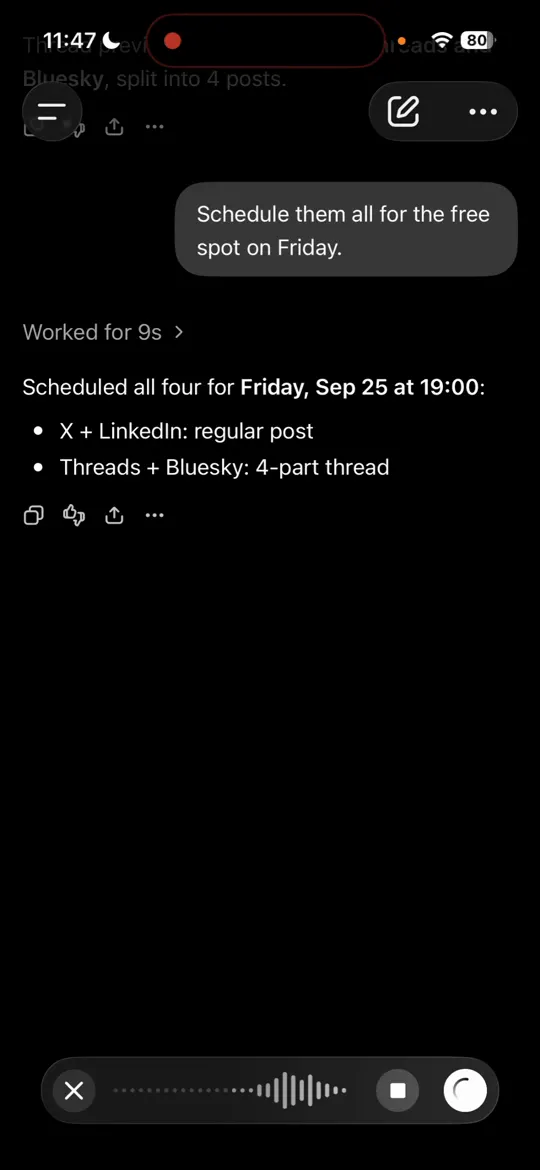 ChatGPT confirming the posts were scheduled