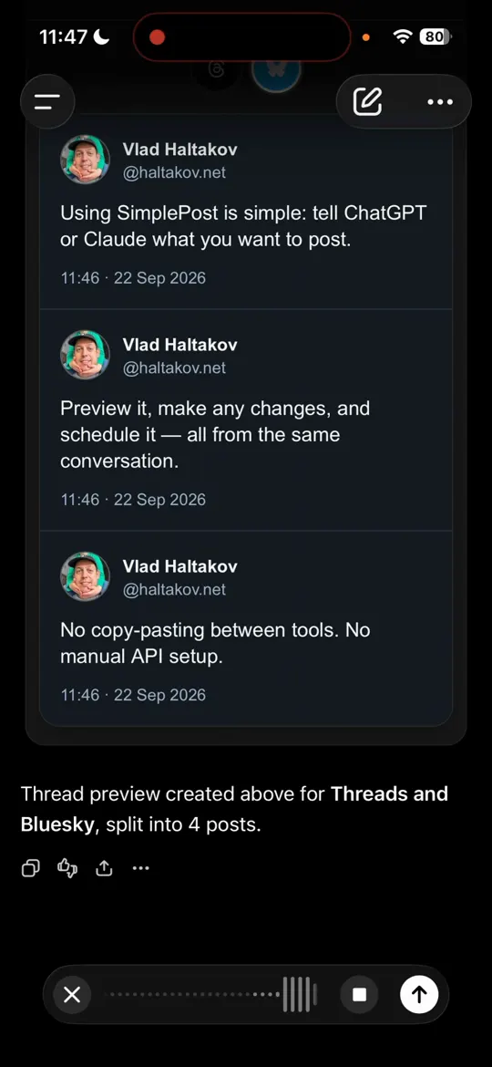 SimplePost thread preview for Threads and Bluesky in ChatGPT