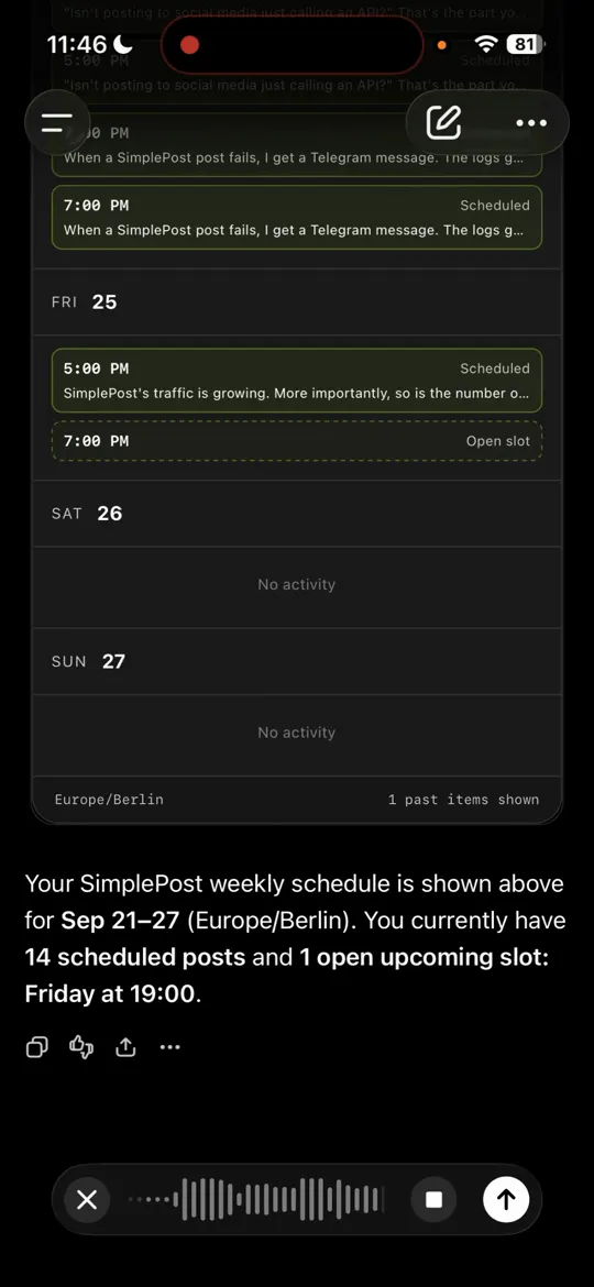 SimplePost weekly schedule widget inside ChatGPT