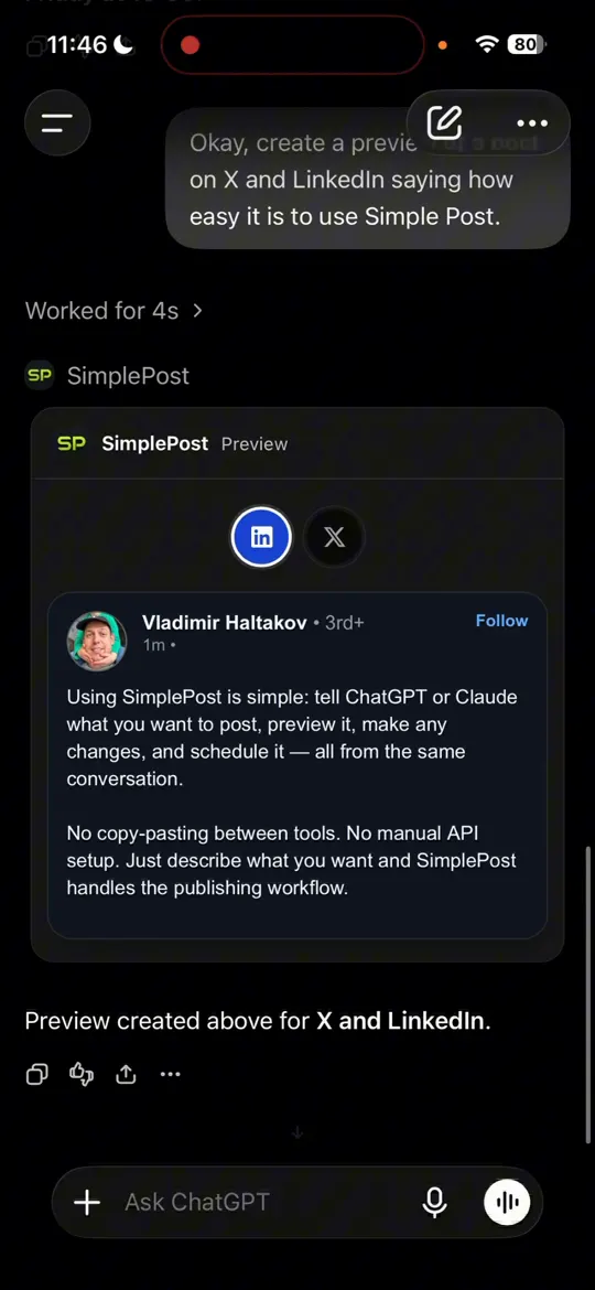 SimplePost preview widget in ChatGPT with LinkedIn and X tabs