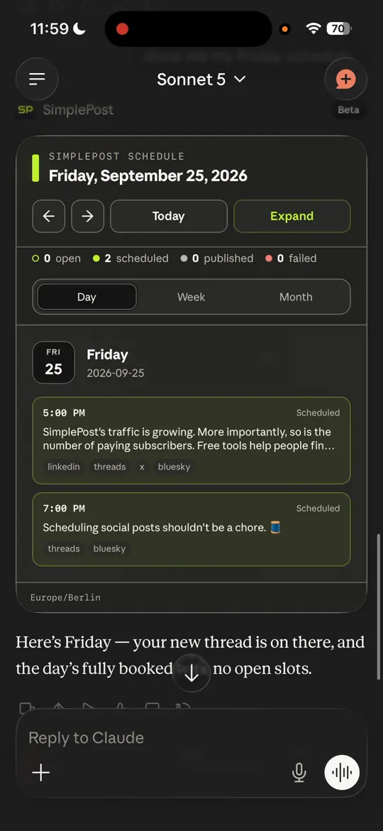 SimplePost day view for Friday showing two scheduled posts