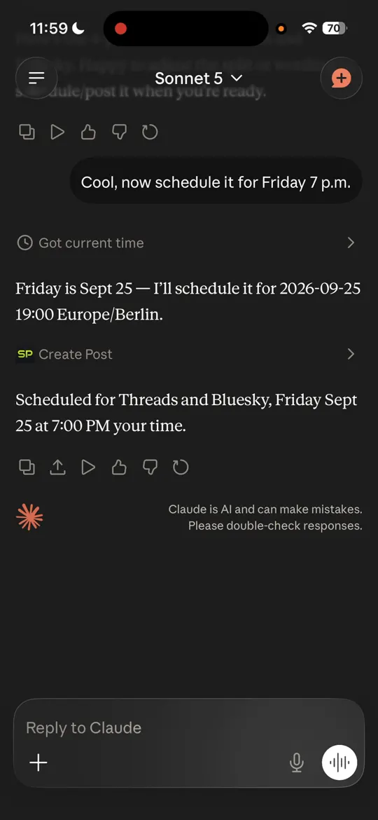 Claude confirming a post scheduled for Friday at 7 p.m. Europe/Berlin