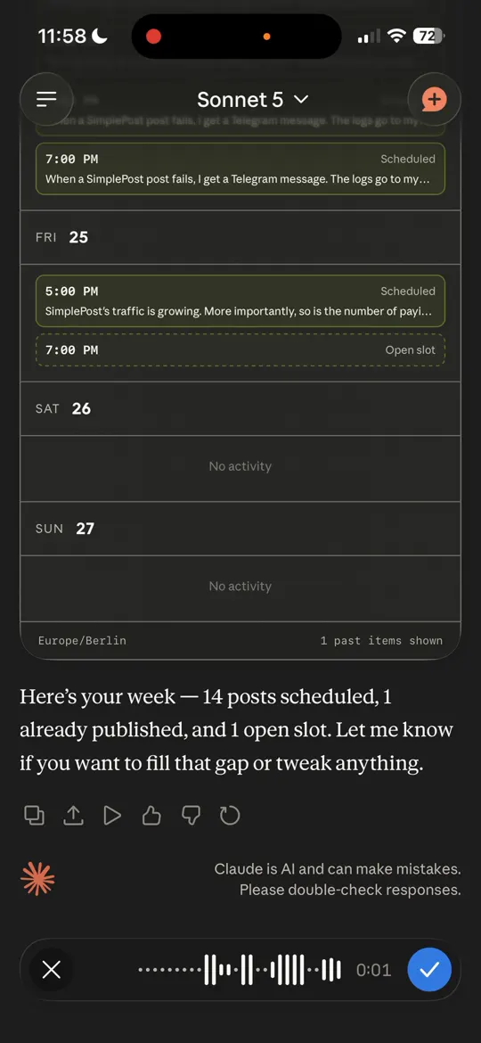 SimplePost weekly calendar shown inside the Claude app